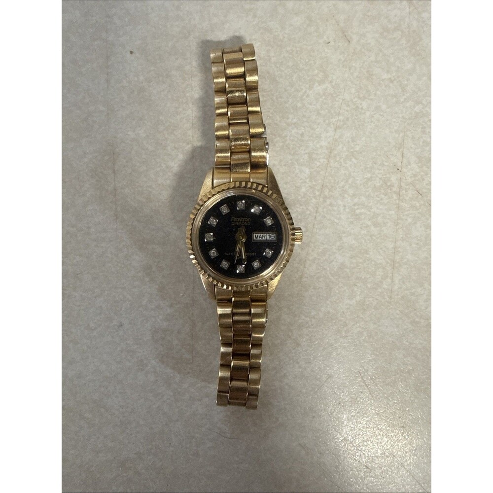Vintage Armitron Diamond Quartz Women's Gold Tone Datejust Watch Black Dial Read